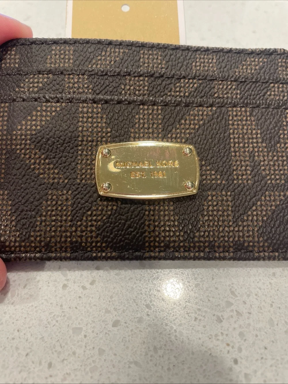 MICHAEL Michael Kors Brown Monogram Card Holder with Gold Plaque